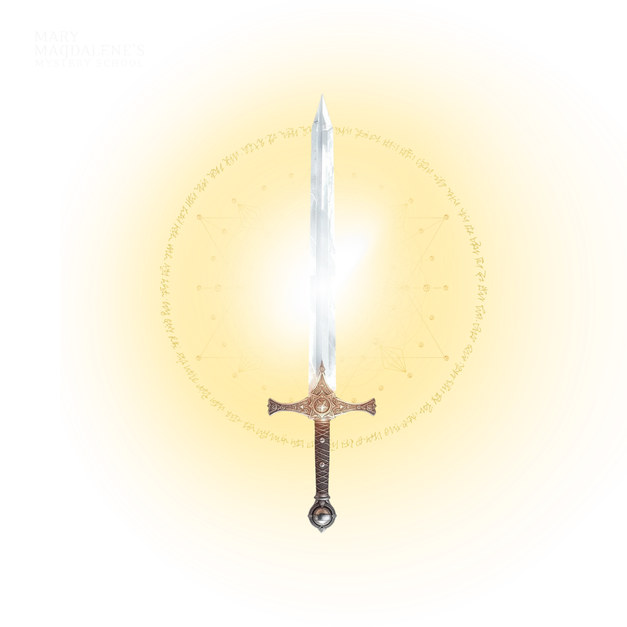 Artwork of a sword on a glowing gold circle.